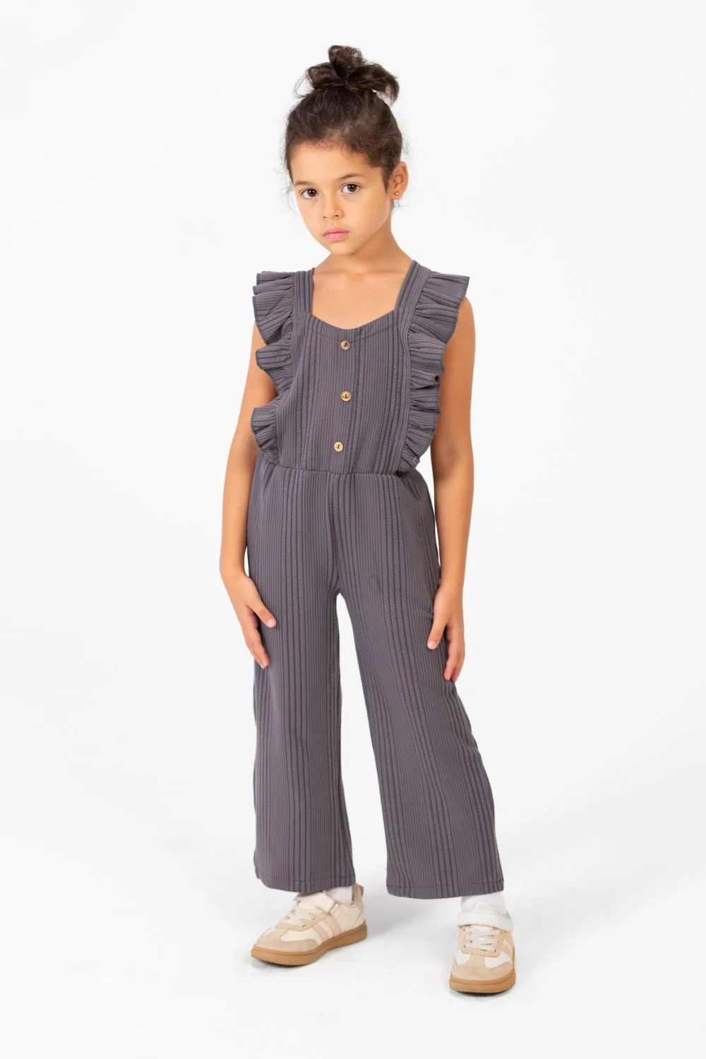 Girl's Casual Jumpsuit With Ruffled Shoulders And Front Buttons - Image 5