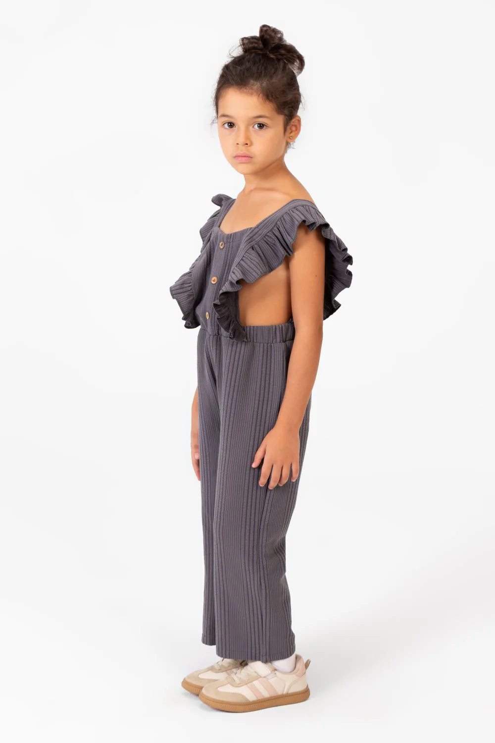 Girl's Casual Jumpsuit With Ruffled Shoulders And Front Buttons - Image 7