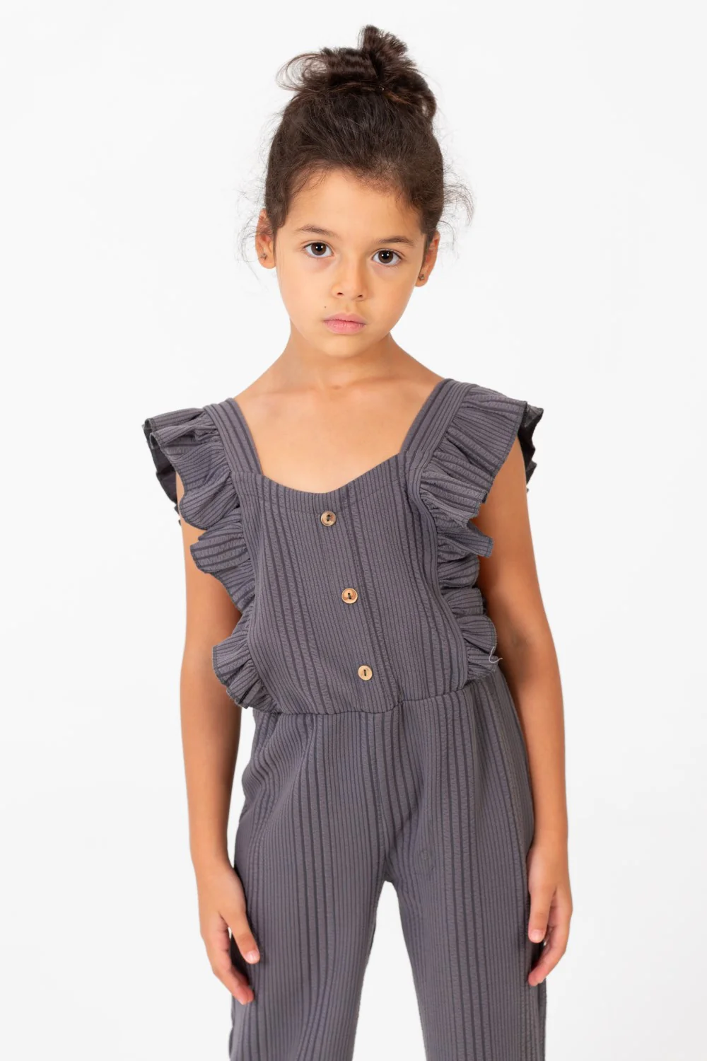 Girl's Casual Jumpsuit With Ruffled Shoulders And Front Buttons - Image 8