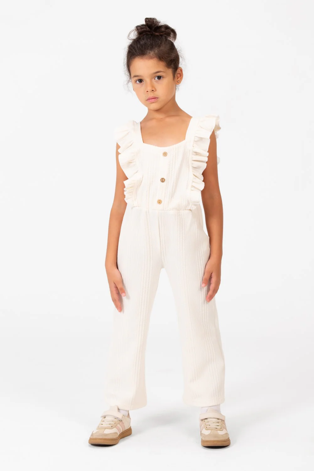Girl's Casual Jumpsuit With Ruffled Shoulders And Front Buttons - Image 9