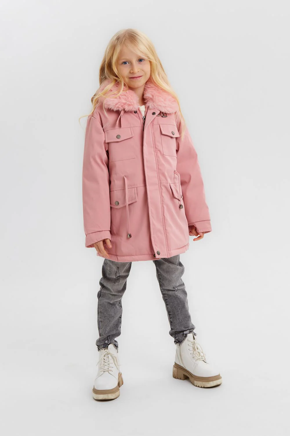Girl's Casual Long Style Front Pockets Full Zipper Fur Hooded Waterproof Jacket With Fur Neck - Image 4