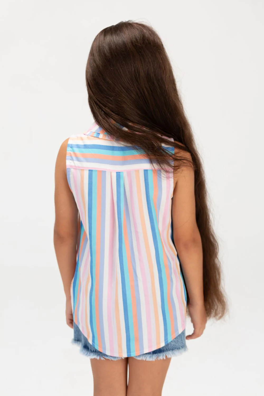 Girls Casual Striped Sleeveless Bouse With Colored Buttons On The Front - Image 2