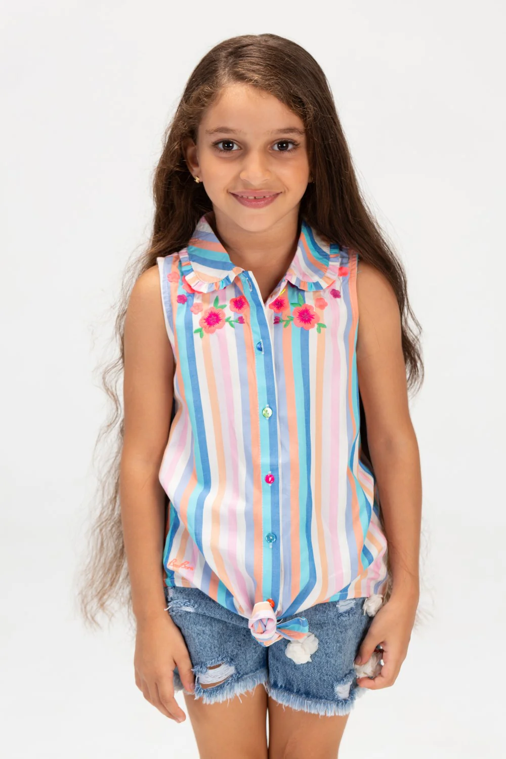 Girls Casual Striped Sleeveless Bouse With Colored Buttons On The Front - Image 3