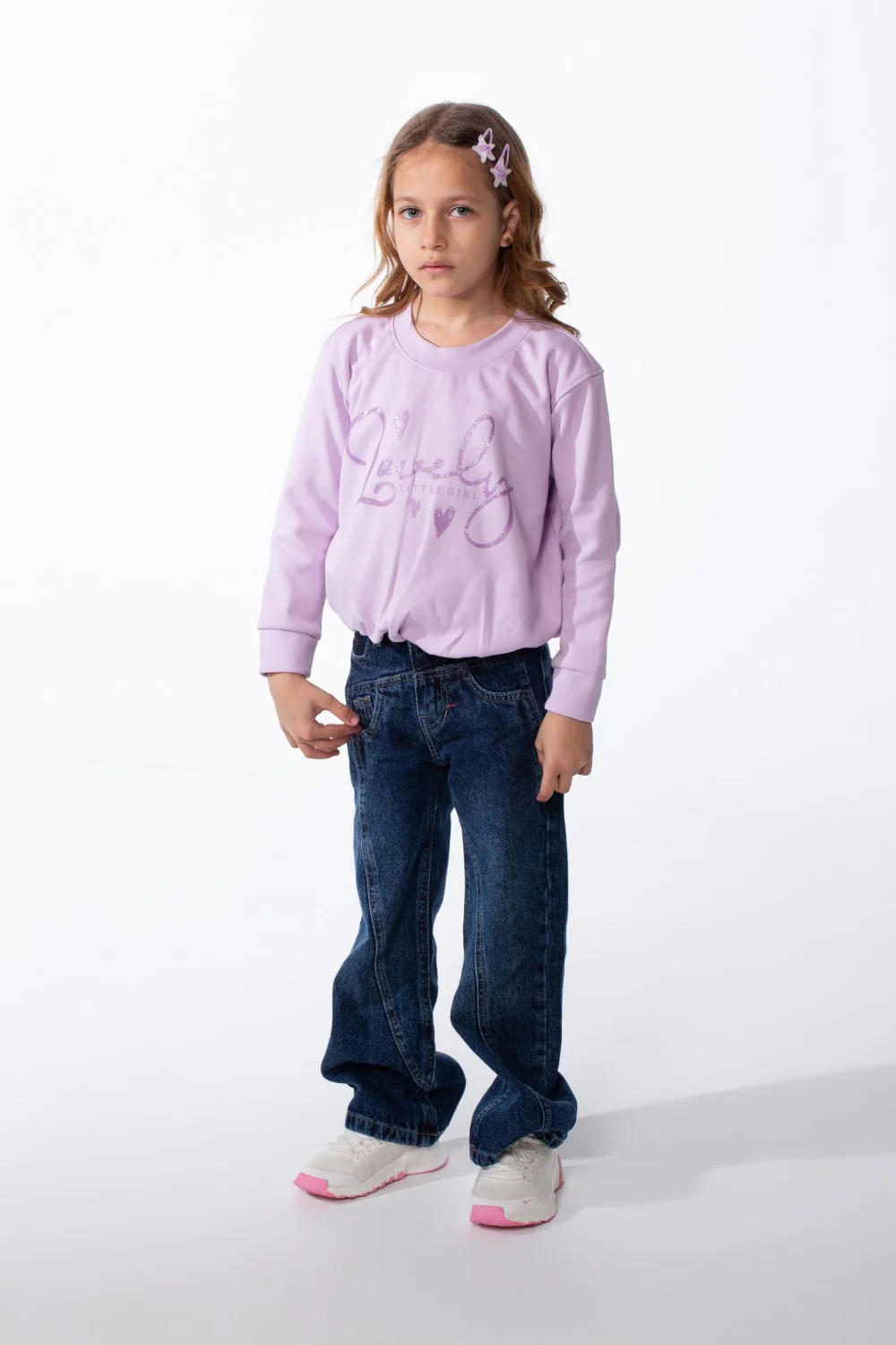 Girl's Crew Neckline Detailed With Shimmering Silver Glitter Print Cinched Elastic Hem Versatile Slim Fit Sweatshirt - Image 3