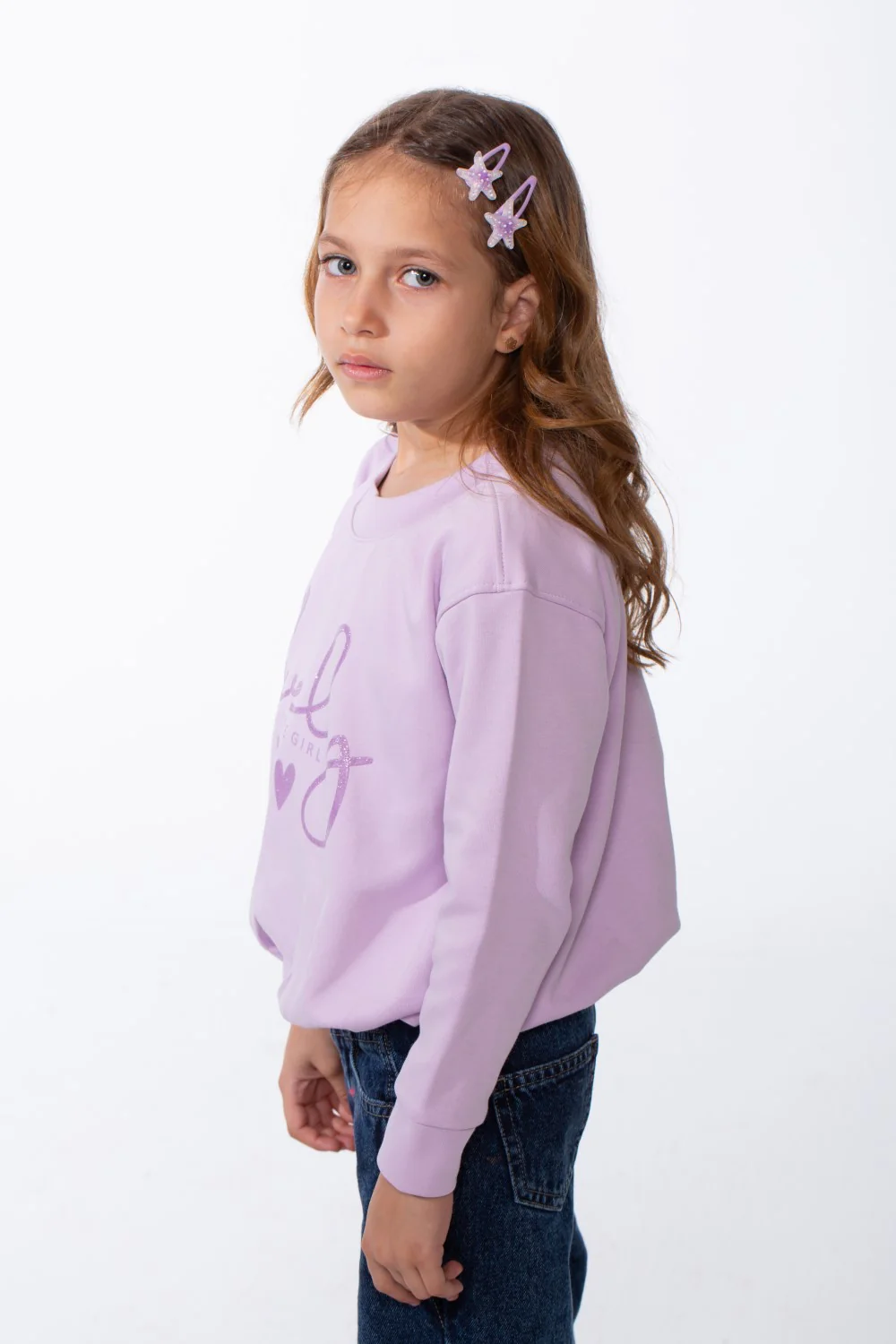 Girl's Crew Neckline Detailed With Shimmering Silver Glitter Print Cinched Elastic Hem Versatile Slim Fit Sweatshirt - Image 4