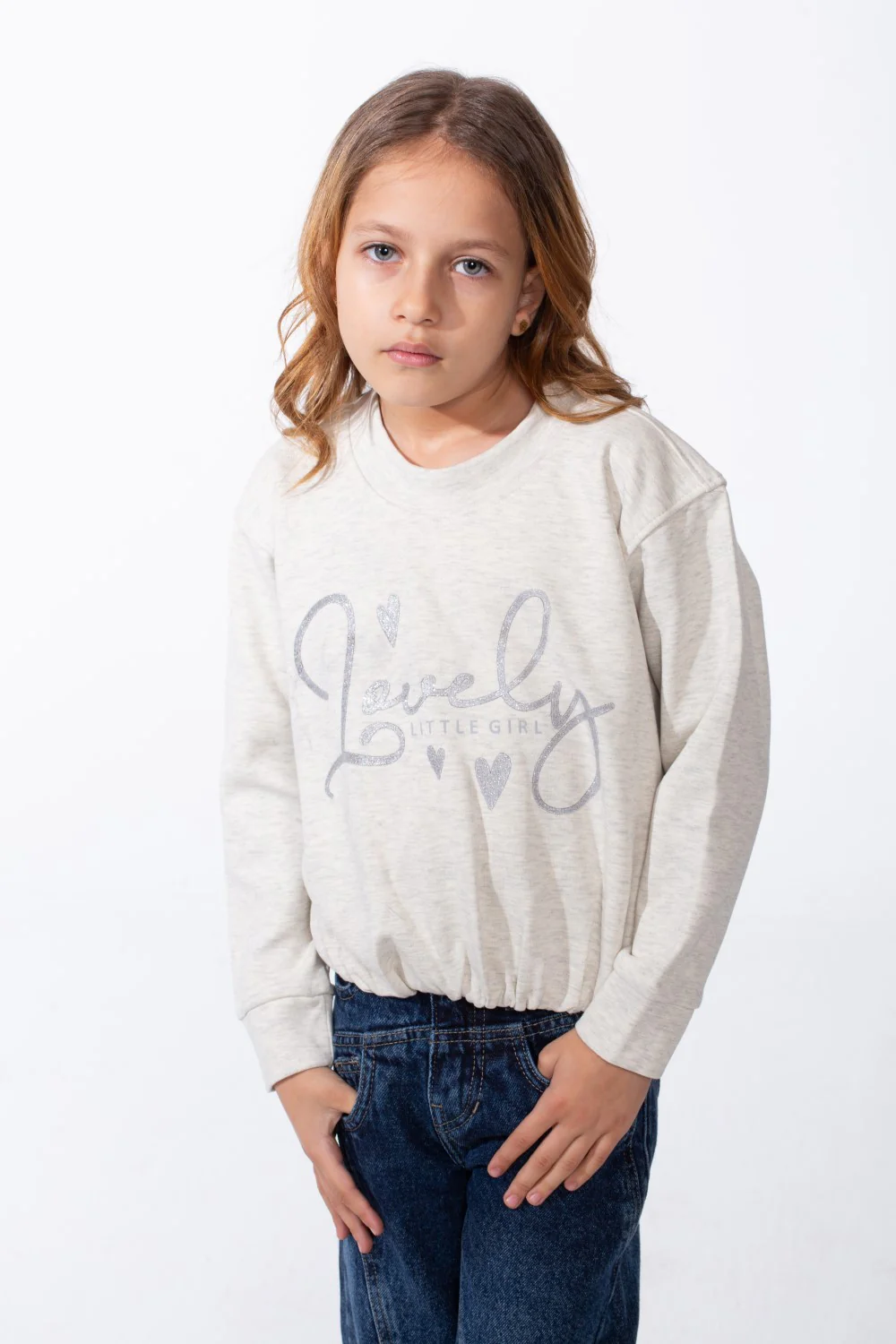 Girl's Crew Neckline Detailed With Shimmering Silver Glitter Print Cinched Elastic Hem Versatile Slim Fit Sweatshirt - Image 5