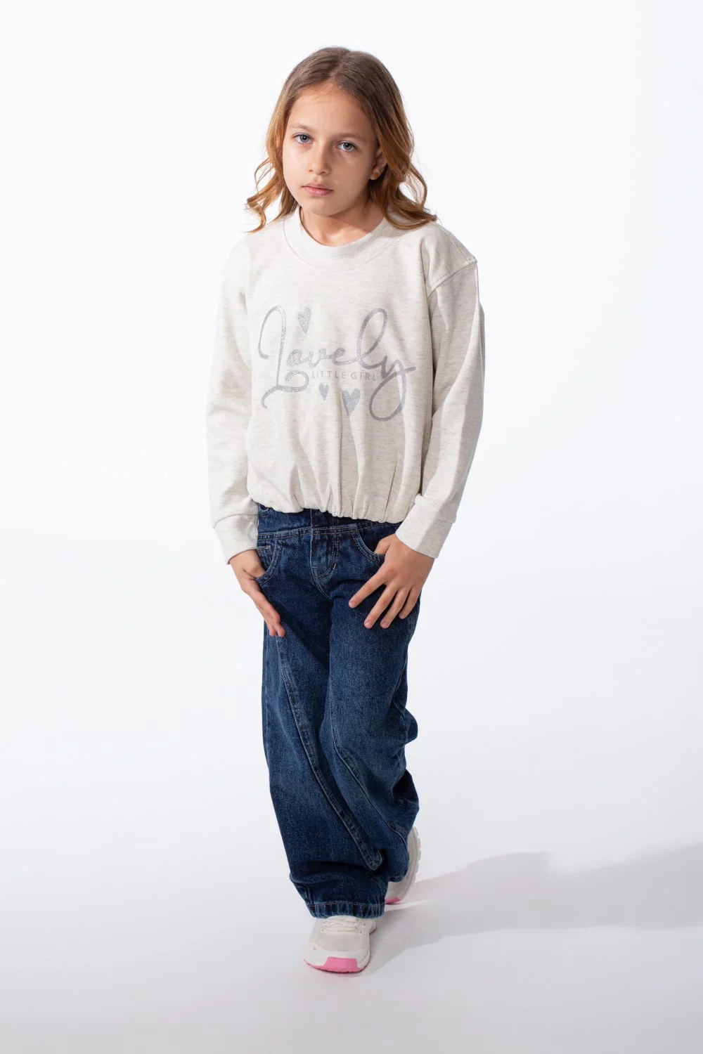 Girl's Crew Neckline Detailed With Shimmering Silver Glitter Print Cinched Elastic Hem Versatile Slim Fit Sweatshirt - Image 7
