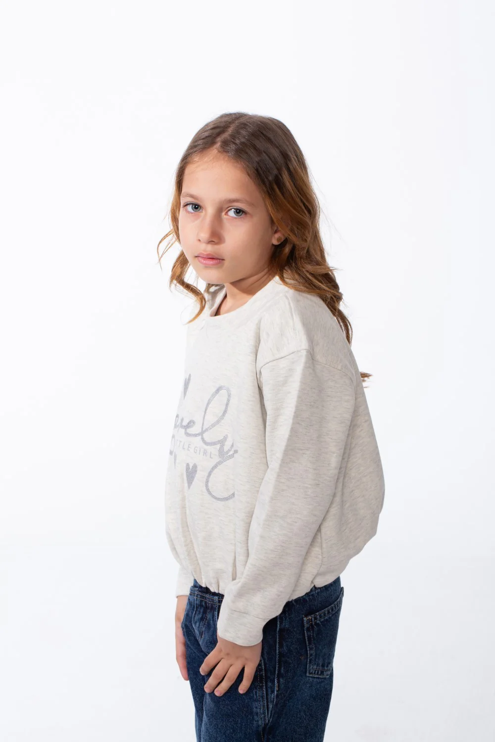 Girl's Crew Neckline Detailed With Shimmering Silver Glitter Print Cinched Elastic Hem Versatile Slim Fit Sweatshirt - Image 8