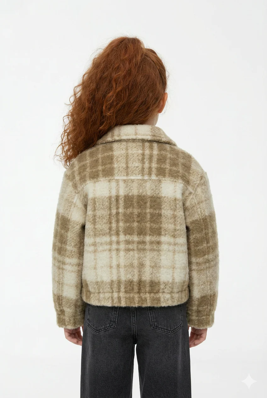 Girl's Classic Neck Long Sleeve Slim Fit Checkered Pattern Casual Wool Shirt - Image 2