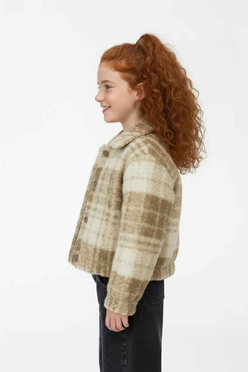 Girl's Classic Neck Long Sleeve Slim Fit Checkered Pattern Casual Wool Shirt - Image 3