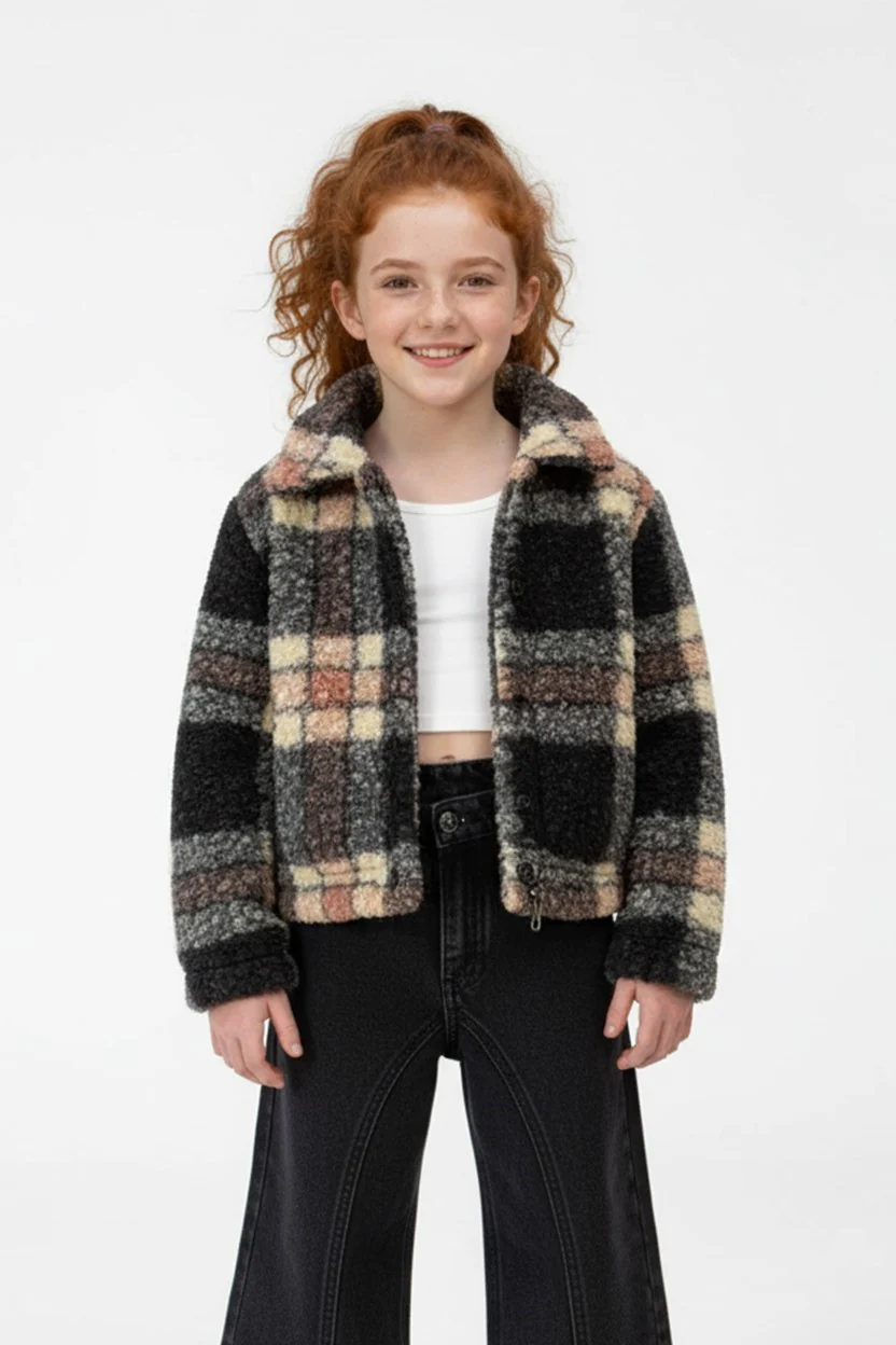 Girl's Classic Neck Long Sleeve Slim Fit Checkered Pattern Casual Wool Shirt - Image 5