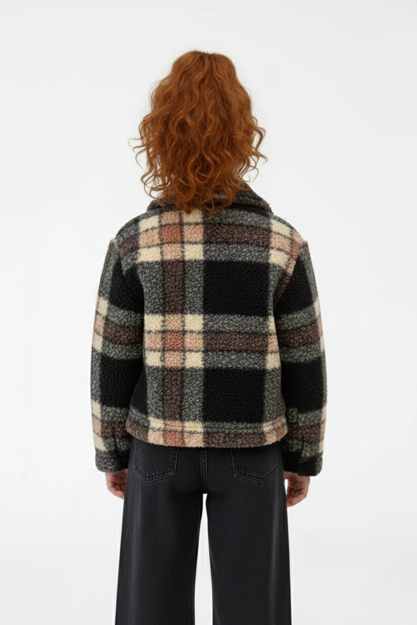 Girl's Classic Neck Long Sleeve Slim Fit Checkered Pattern Casual Wool Shirt - Image 8