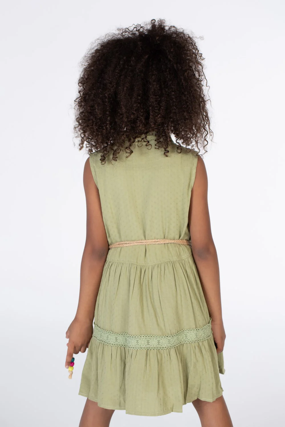 Girls Collar Front Pockets green colore Cut Dress With Waist Belt And Colorful Front Buttons - Image 2
