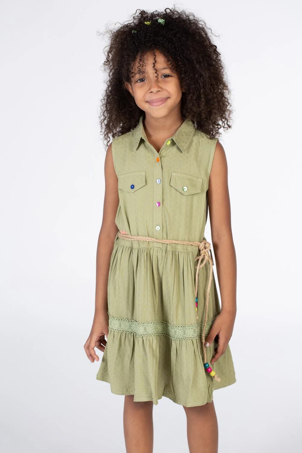 Girls Collar Front Pockets green colore Cut Dress With Waist Belt And Colorful Front Buttons - Image 3