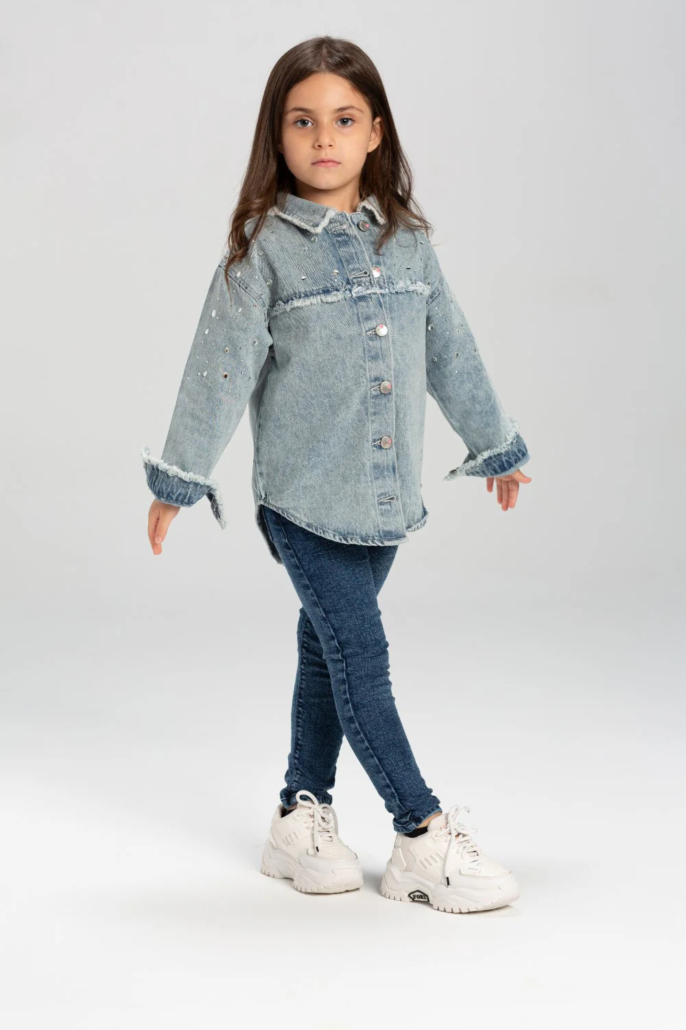 Girl's Denim Front Printed Unique Details Long Sleeves Shirt - Image 9