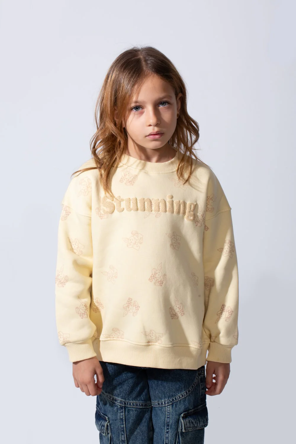 Girl's Crew Neck Long Sleeves Playful Print Front Textured Logo Slim Fit Melton Sweatshirt