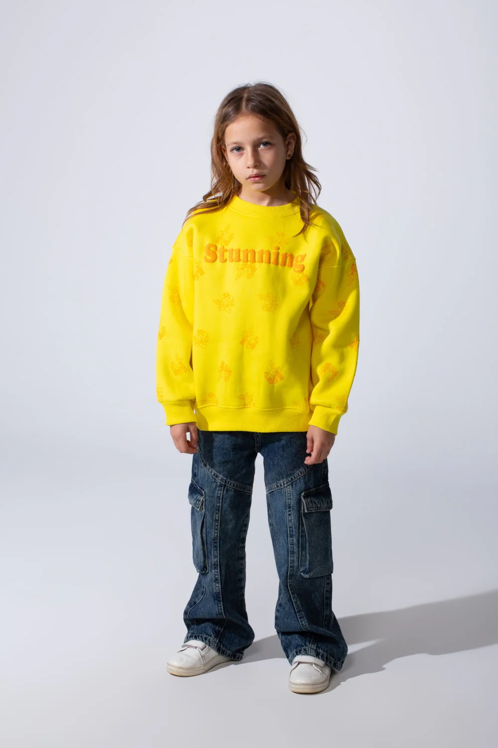 Girl's Crew Neck Long Sleeves Playful Print Front Textured Logo Slim Fit Melton Sweatshirt - Image 11
