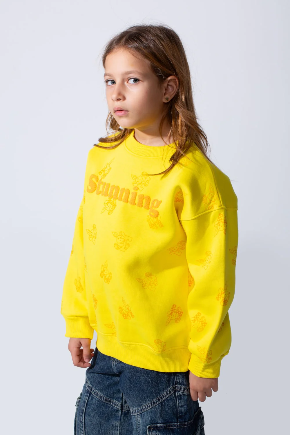 Girl's Crew Neck Long Sleeves Playful Print Front Textured Logo Slim Fit Melton Sweatshirt - Image 12