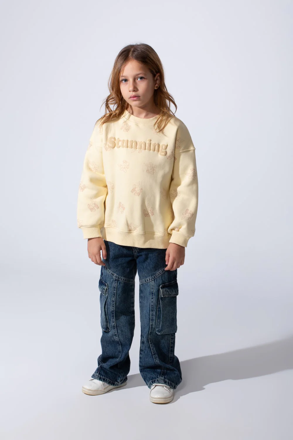 Girl's Crew Neck Long Sleeves Playful Print Front Textured Logo Slim Fit Melton Sweatshirt - Image 3