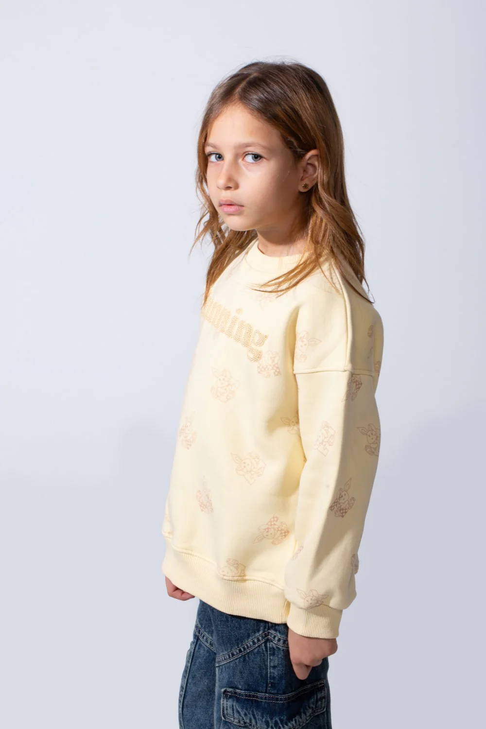 Girl's Crew Neck Long Sleeves Playful Print Front Textured Logo Slim Fit Melton Sweatshirt - Image 4