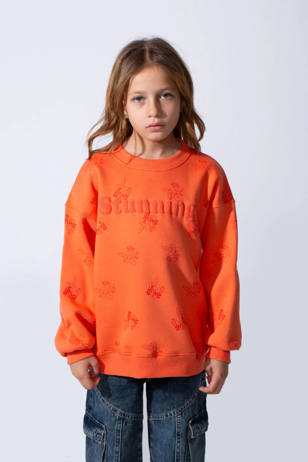 Girl's Crew Neck Long Sleeves Playful Print Front Textured Logo Slim Fit Melton Sweatshirt - Image 5