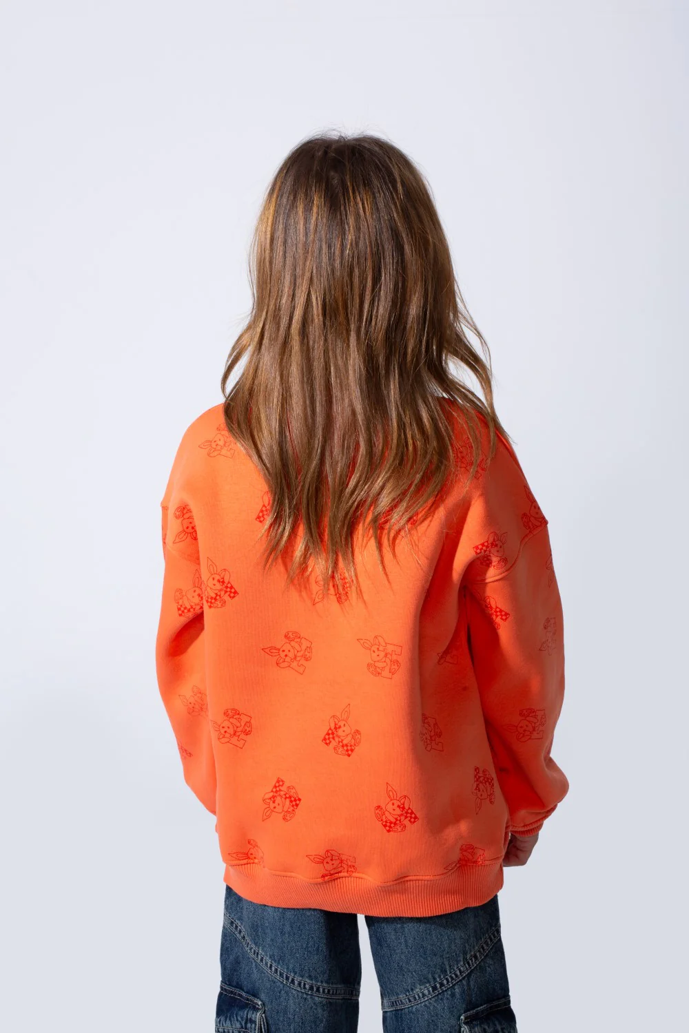 Girl's Crew Neck Long Sleeves Playful Print Front Textured Logo Slim Fit Melton Sweatshirt - Image 6