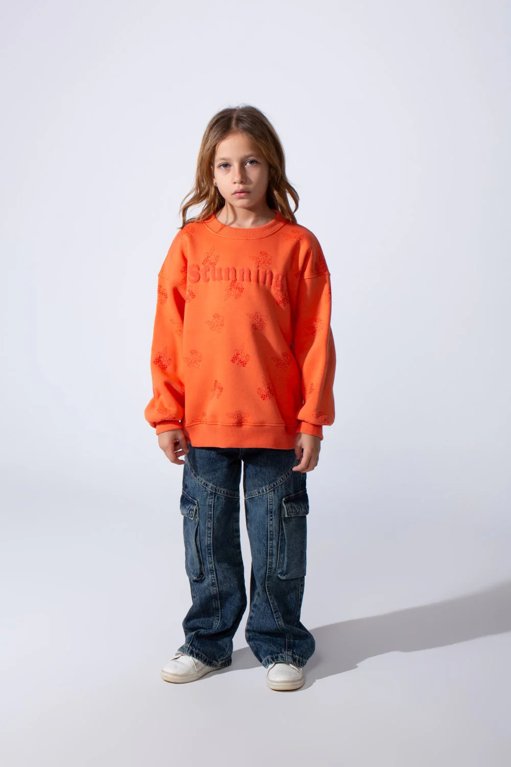 Girl's Crew Neck Long Sleeves Playful Print Front Textured Logo Slim Fit Melton Sweatshirt - Image 7
