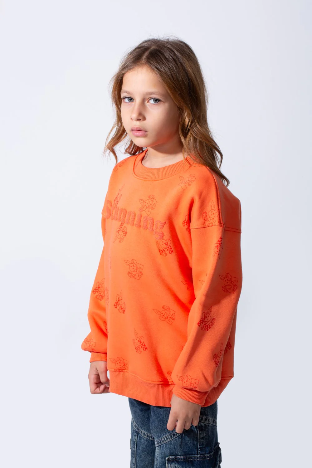 Girl's Crew Neck Long Sleeves Playful Print Front Textured Logo Slim Fit Melton Sweatshirt - Image 8