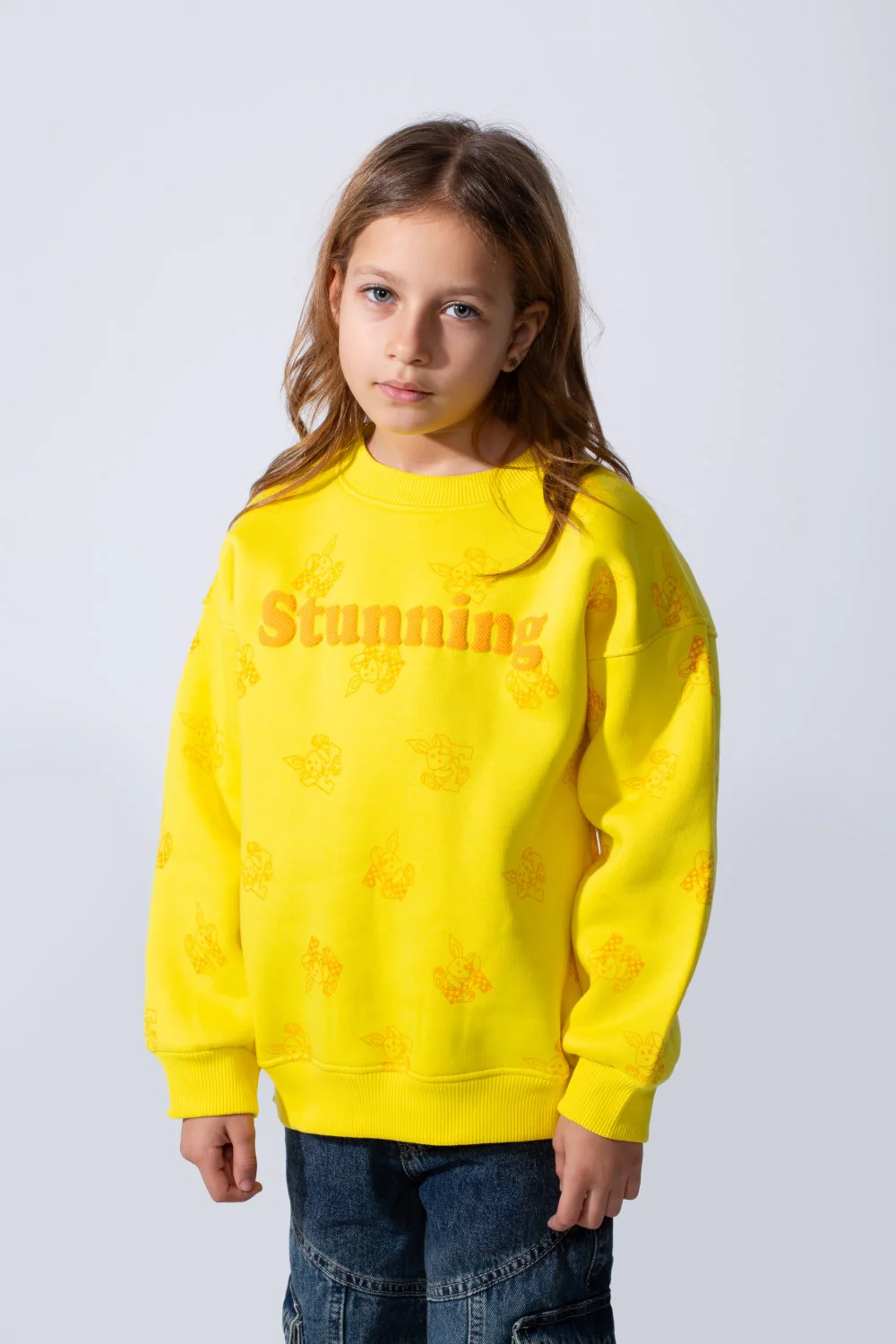 Girl's Crew Neck Long Sleeves Playful Print Front Textured Logo Slim Fit Melton Sweatshirt - Image 9