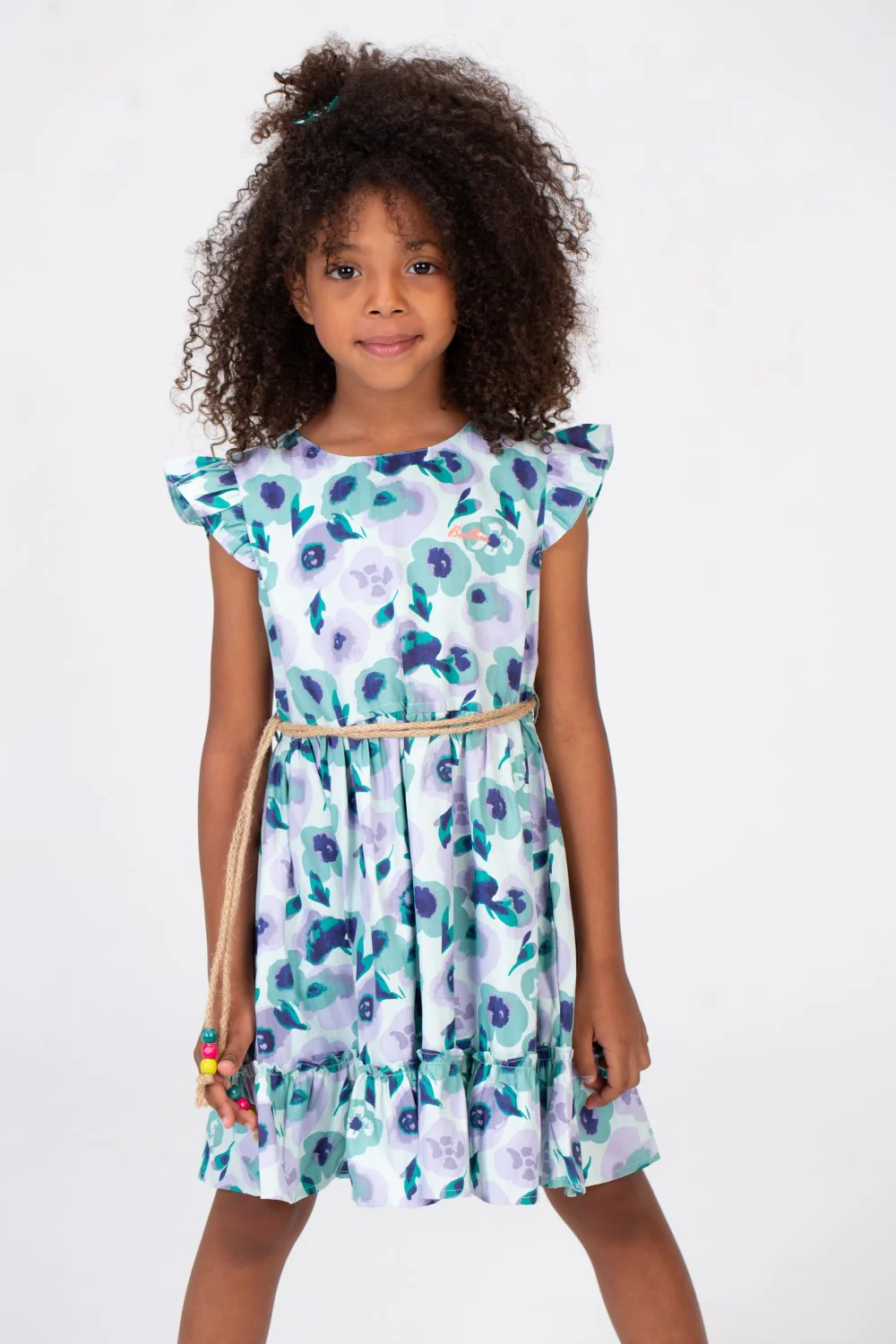 Girls Fabric Floral Dress With A Burlap Belt In The Middle And Ruffled Shoulders Green - Image 3