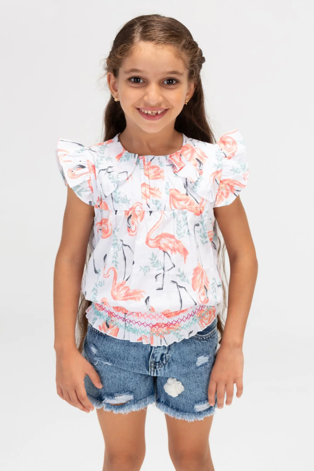 Girls Flamingo Floral Blouse With Ruffles Off The Shoulder And A Modern Cut In Orange - Image 3