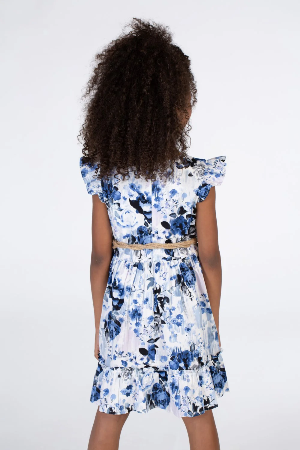 Girls Floral Cut Dress With A Round Neck And A Waist Belt In Blue - Image 2