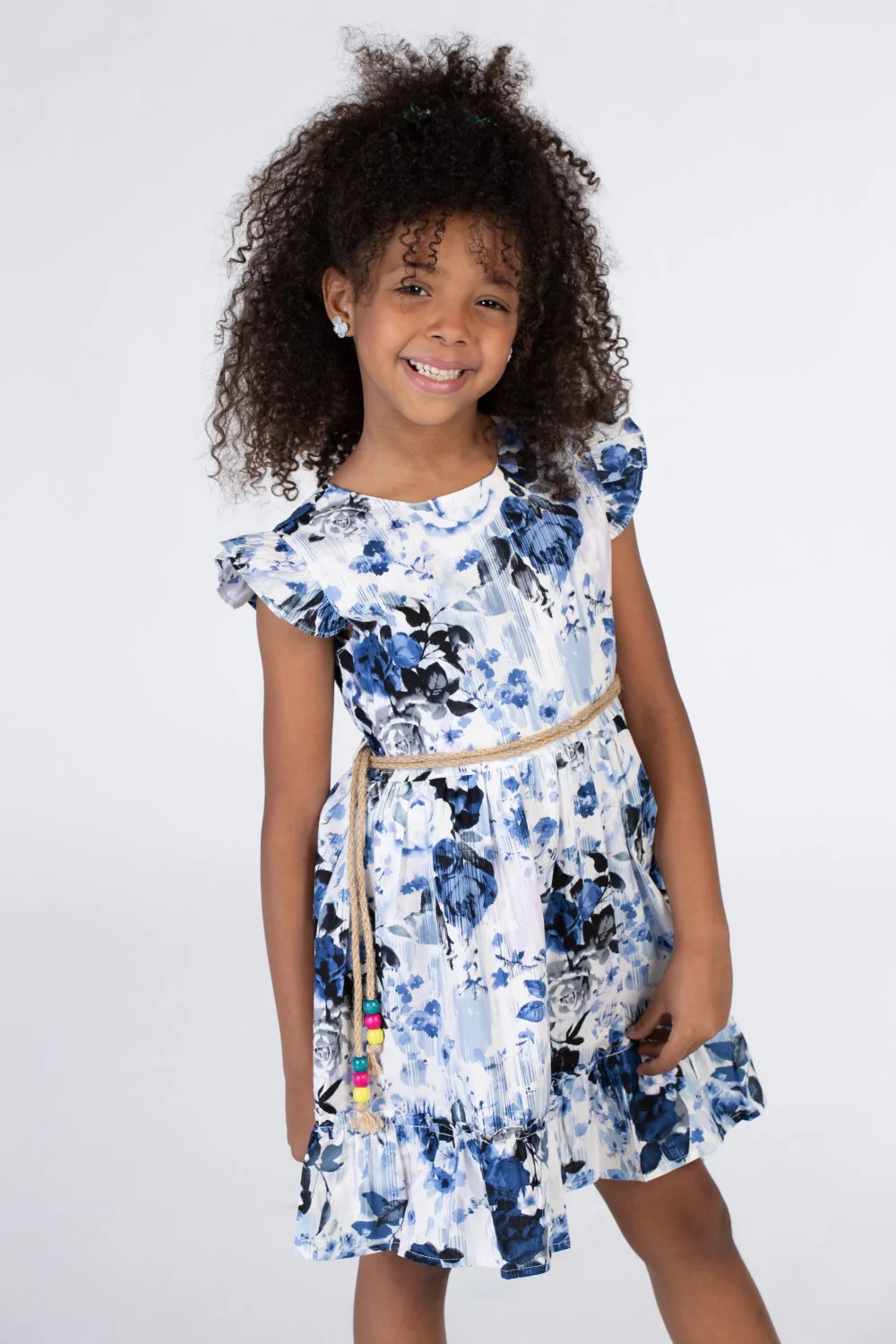 Girls Floral Cut Dress With A Round Neck And A Waist Belt In Blue - Image 3
