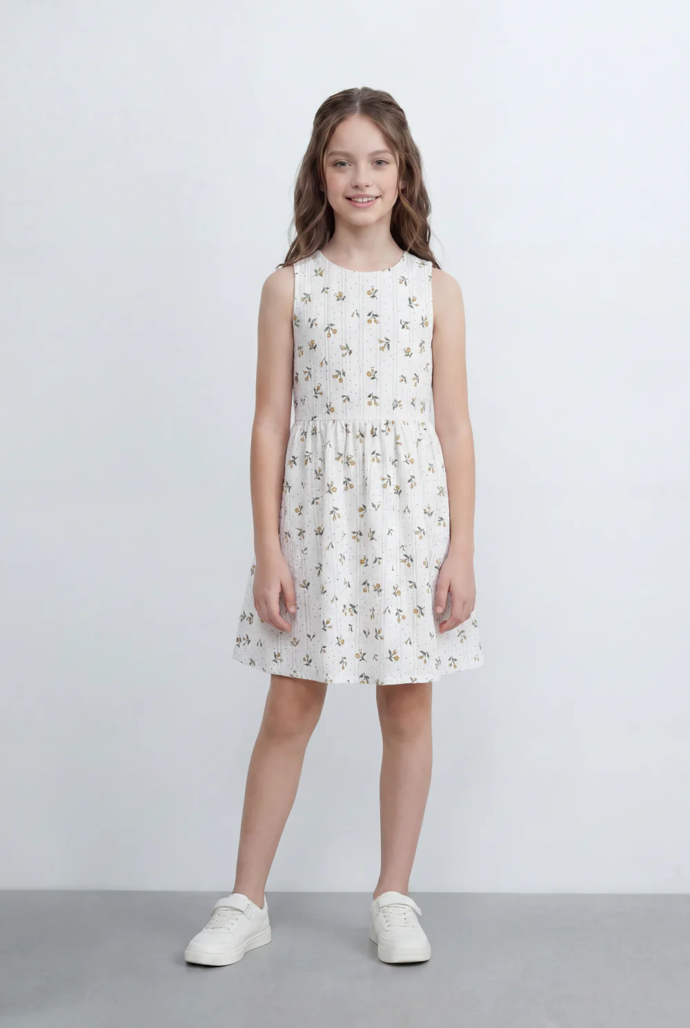Girl's Tomato Store Floral Print Linen Dress Sleeveless Design Gathered Waist Detail Soft All Over Ditsy Floral Pattern