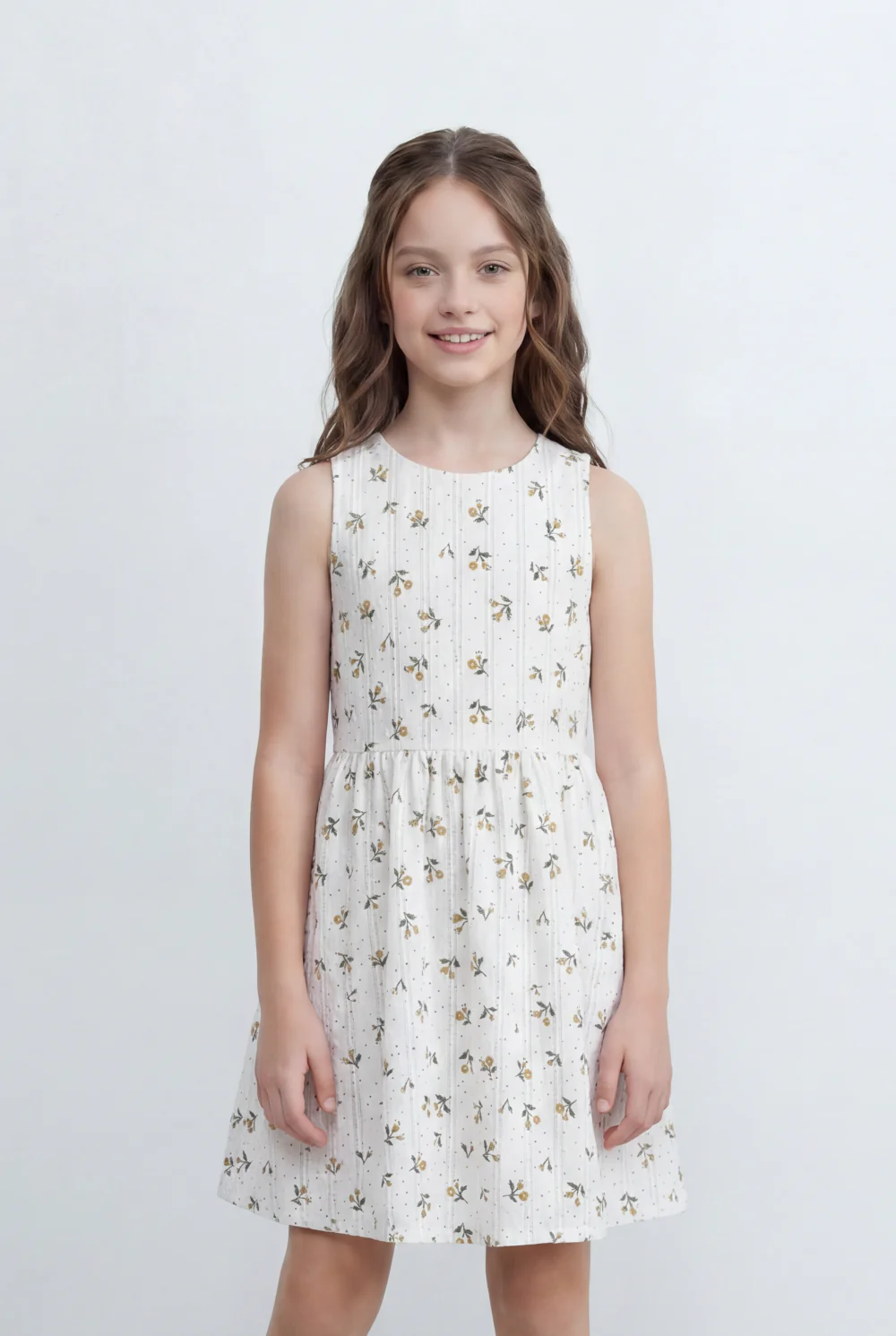 Girl's Tomato Store Floral Print Linen Dress Sleeveless Design Gathered Waist Detail Soft All Over Ditsy Floral Pattern - Image 5