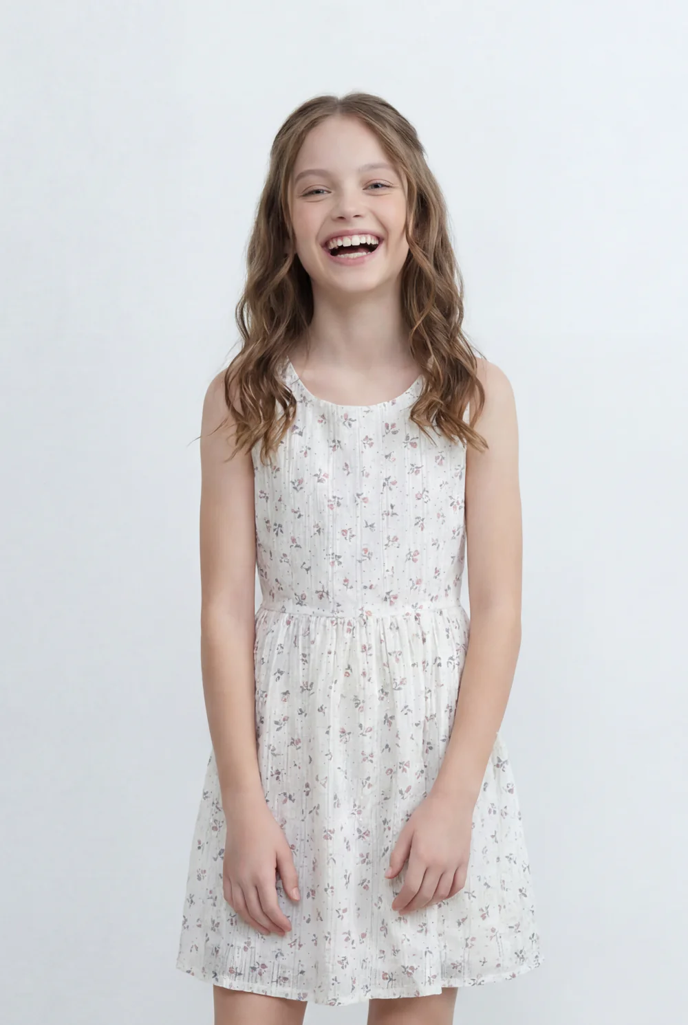Girl's Tomato Store Floral Print Linen Dress Sleeveless Design Gathered Waist Detail Soft All Over Ditsy Floral Pattern - Image 7