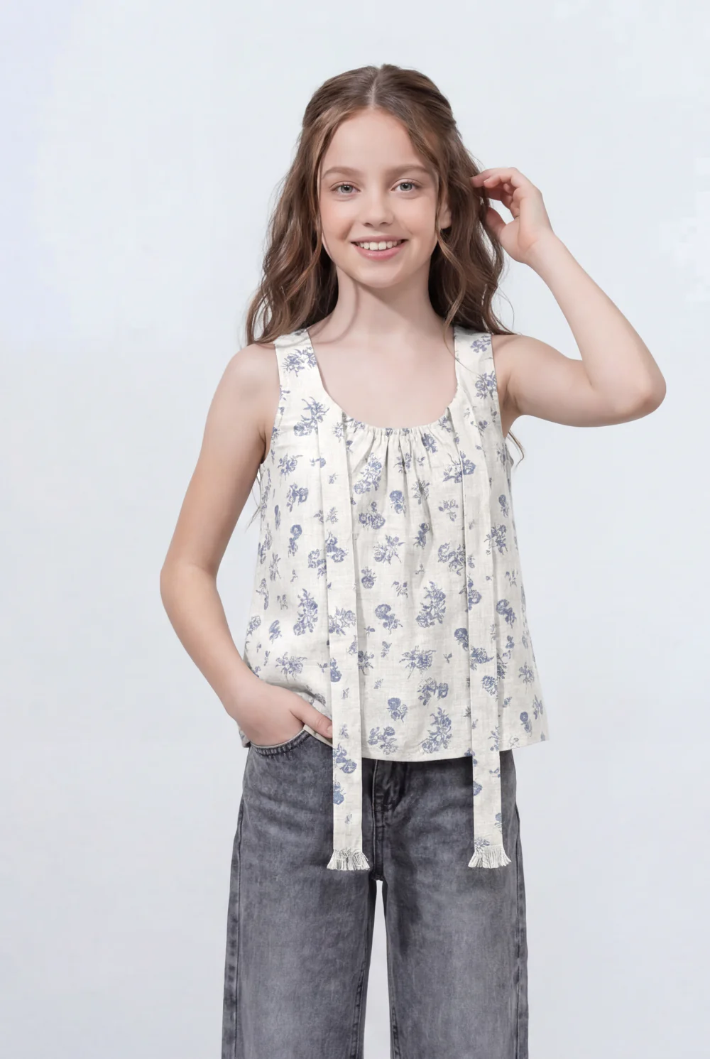 Girl's Tomato Store Floral Print Sleeveless Linen Slim Fit Blouse Neckline Decorative Tassel Tie Details