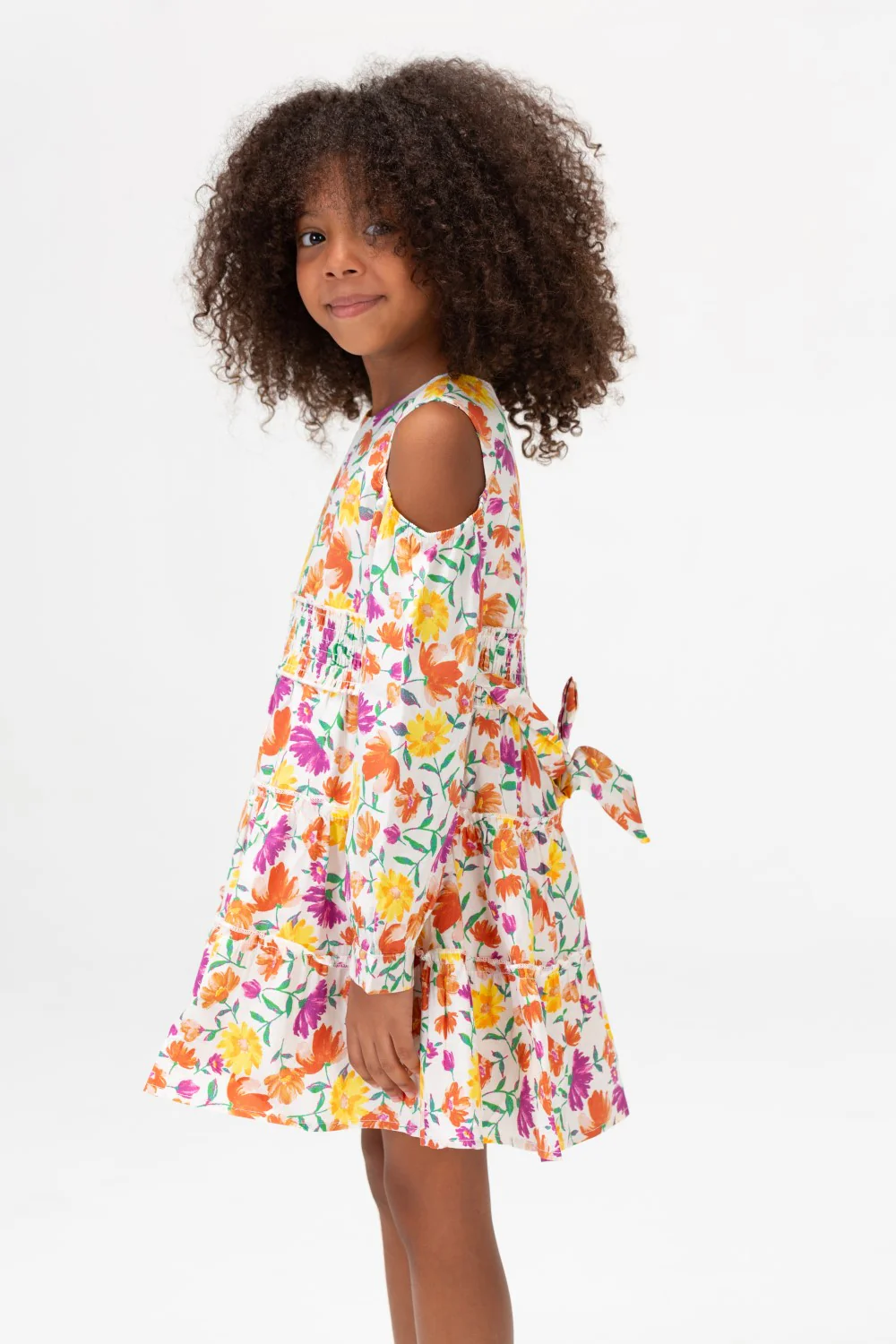 Girls Floral Round Long Sleeves Dress In White - Image 4