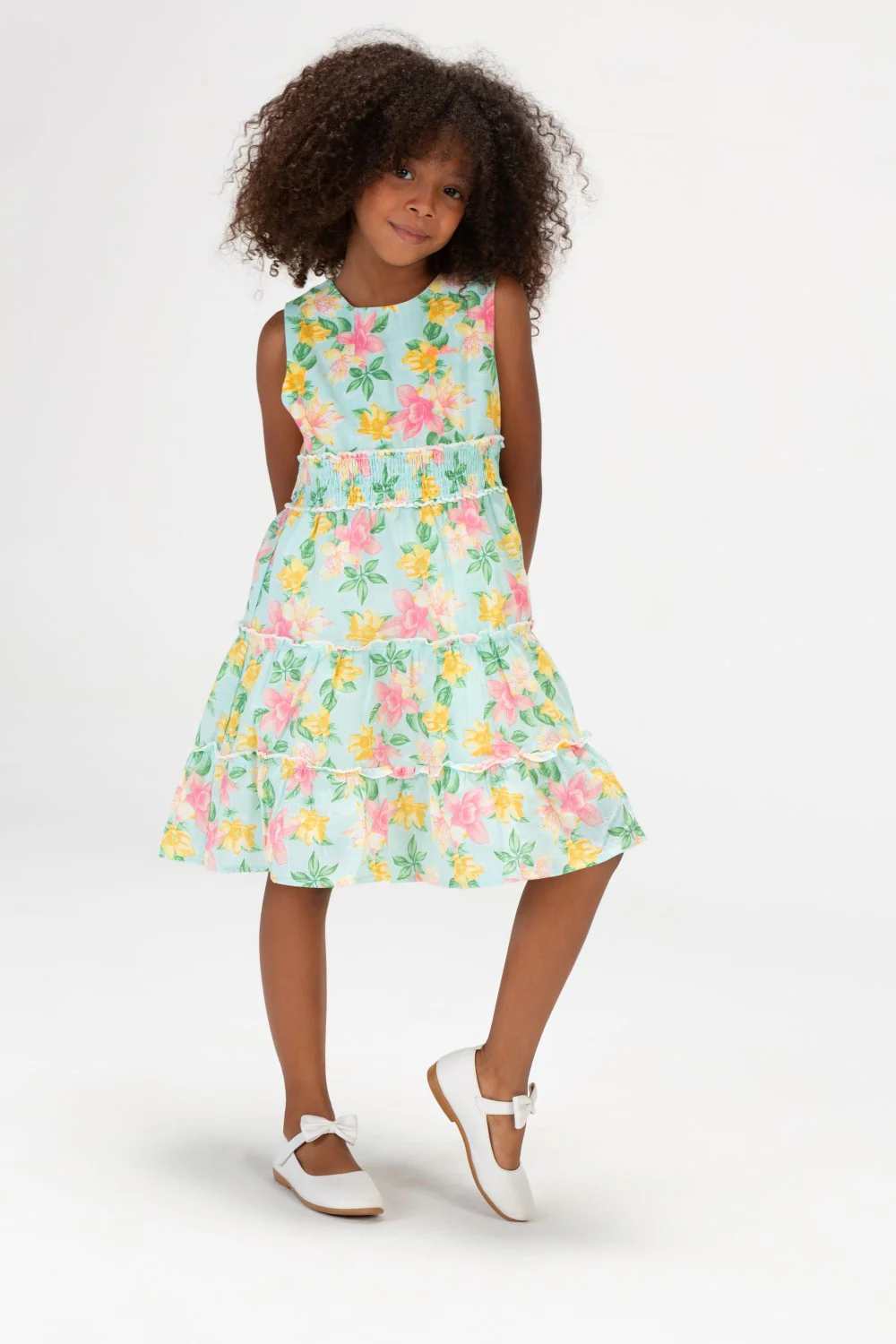 Girls Floral Without Sleeves Dress With Elastic Band In The Middle In Mint Green