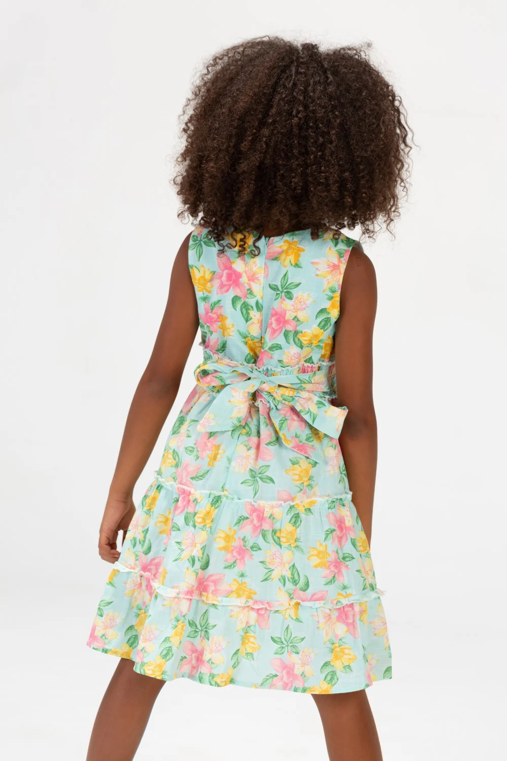 Girls Floral Without Sleeves Dress With Elastic Band In The Middle In Mint Green - Image 2