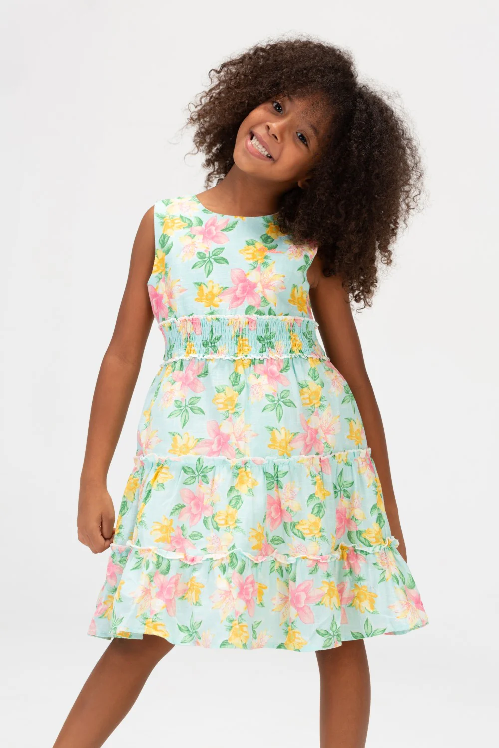 Girls Floral Without Sleeves Dress With Elastic Band In The Middle In Mint Green - Image 3