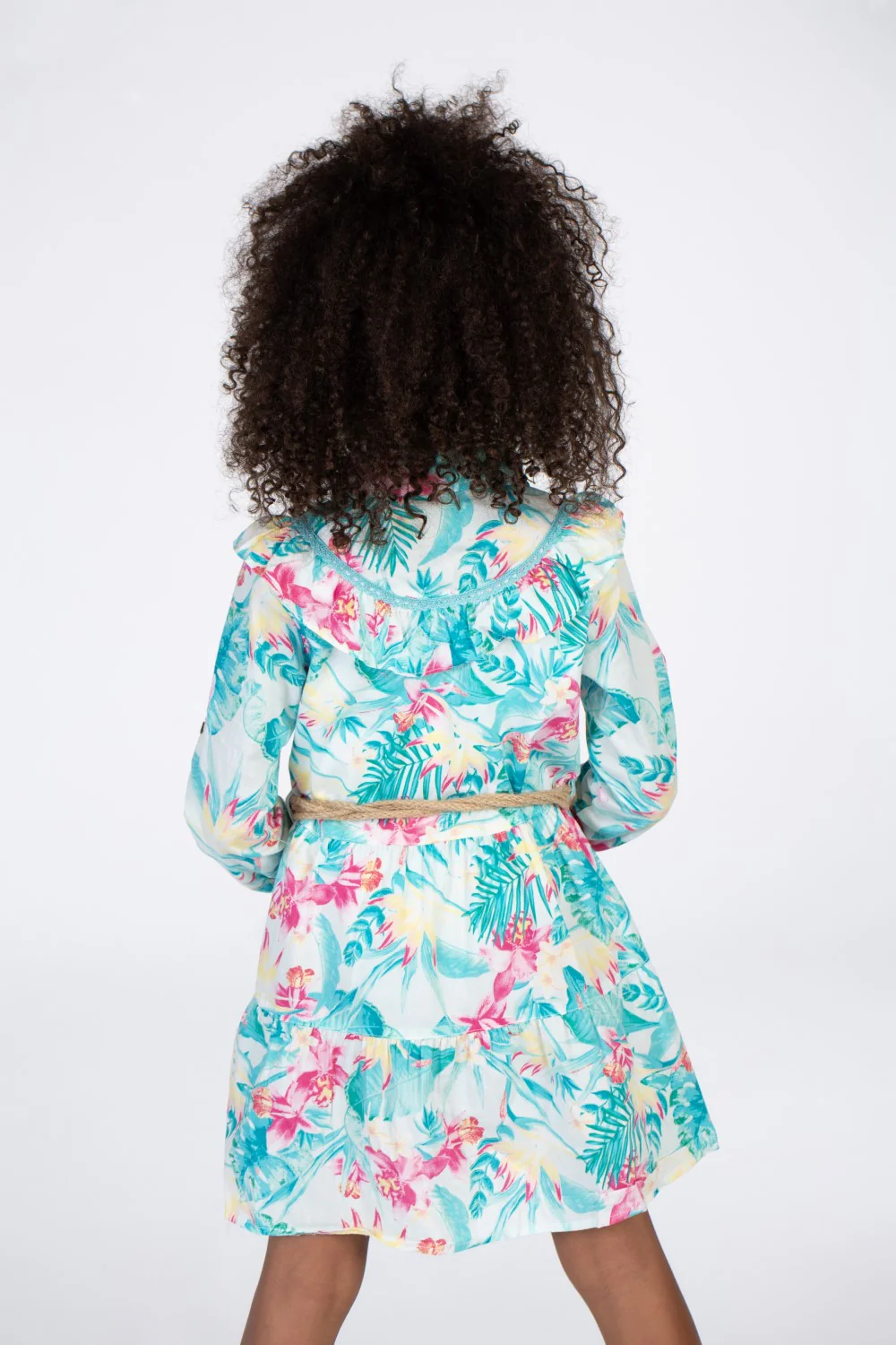 Girls Flowers Print Dress In Turquoise With Waist Belt And A Distinctive Cut Collar - Image 2
