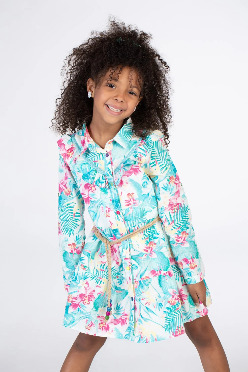 Girls Flowers Print Dress In Turquoise With Waist Belt And A Distinctive Cut Collar - Image 3