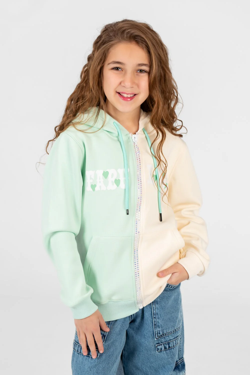 Girl's full zip half & half Hood sweatshirt