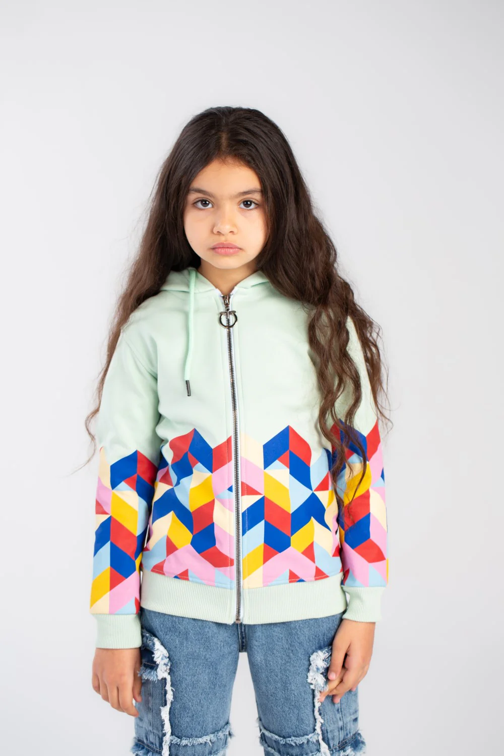 Girl's Full Zipper Padded Front & Back Printed Hooded Padded Sweatshirt - Image 7