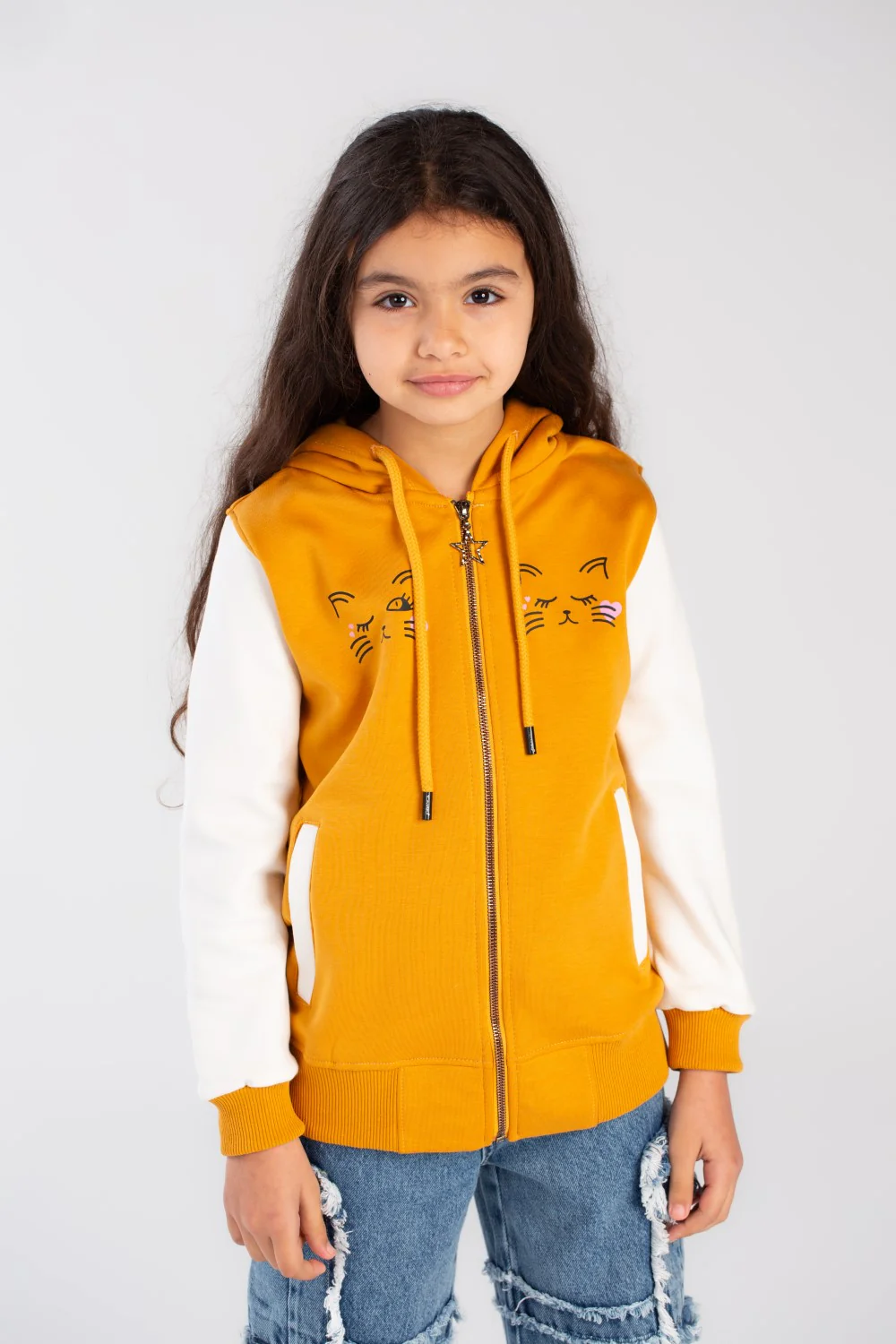 Girl's Full Zipper Padded Front Printed Unique Style Hooded Padded Sweatshirt - Image 3