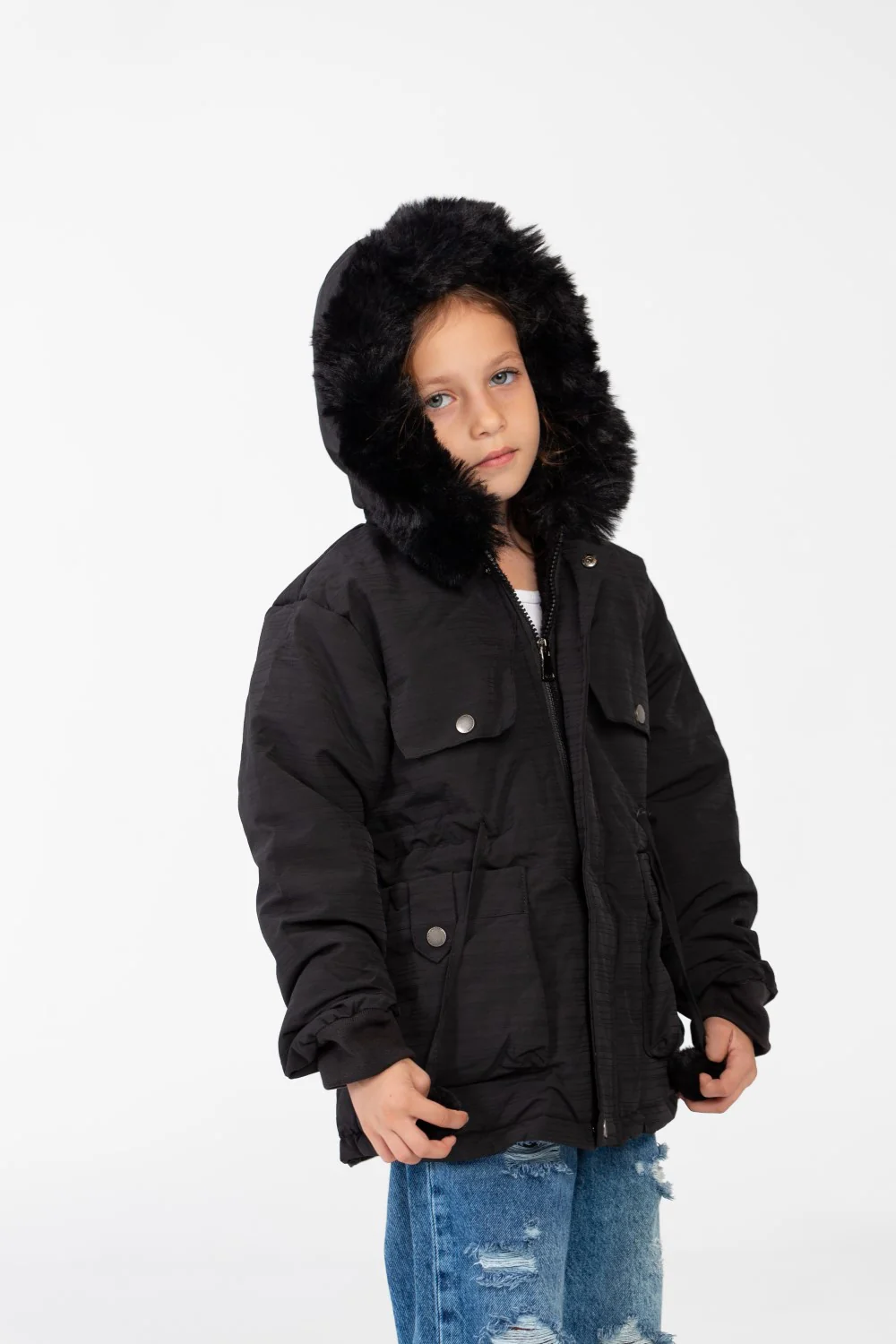 Girl's Gabardine hood Jacket With Pockets & Front Zipper - Image 3