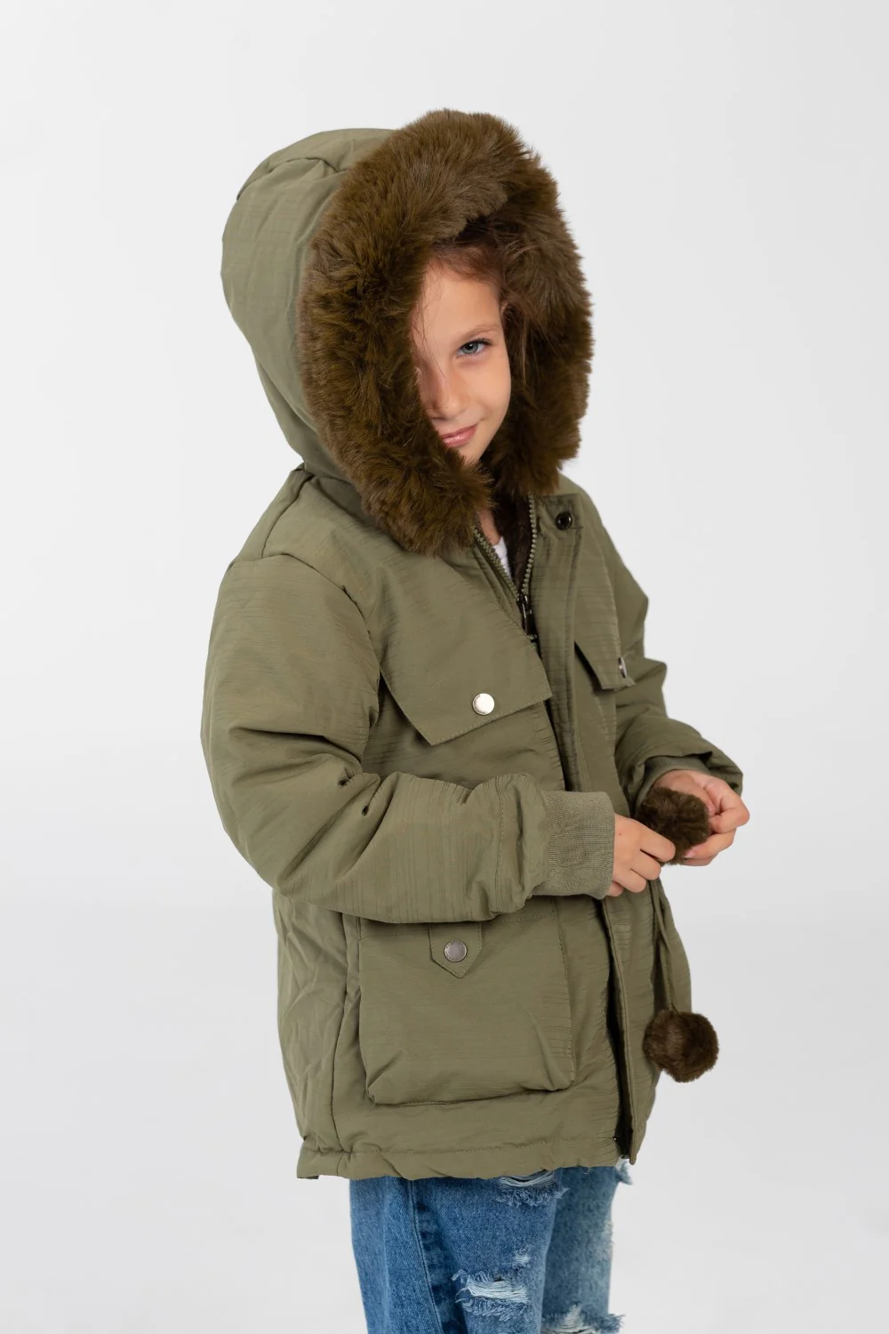 Girl's Gabardine hood Jacket With Pockets & Front Zipper - Image 7