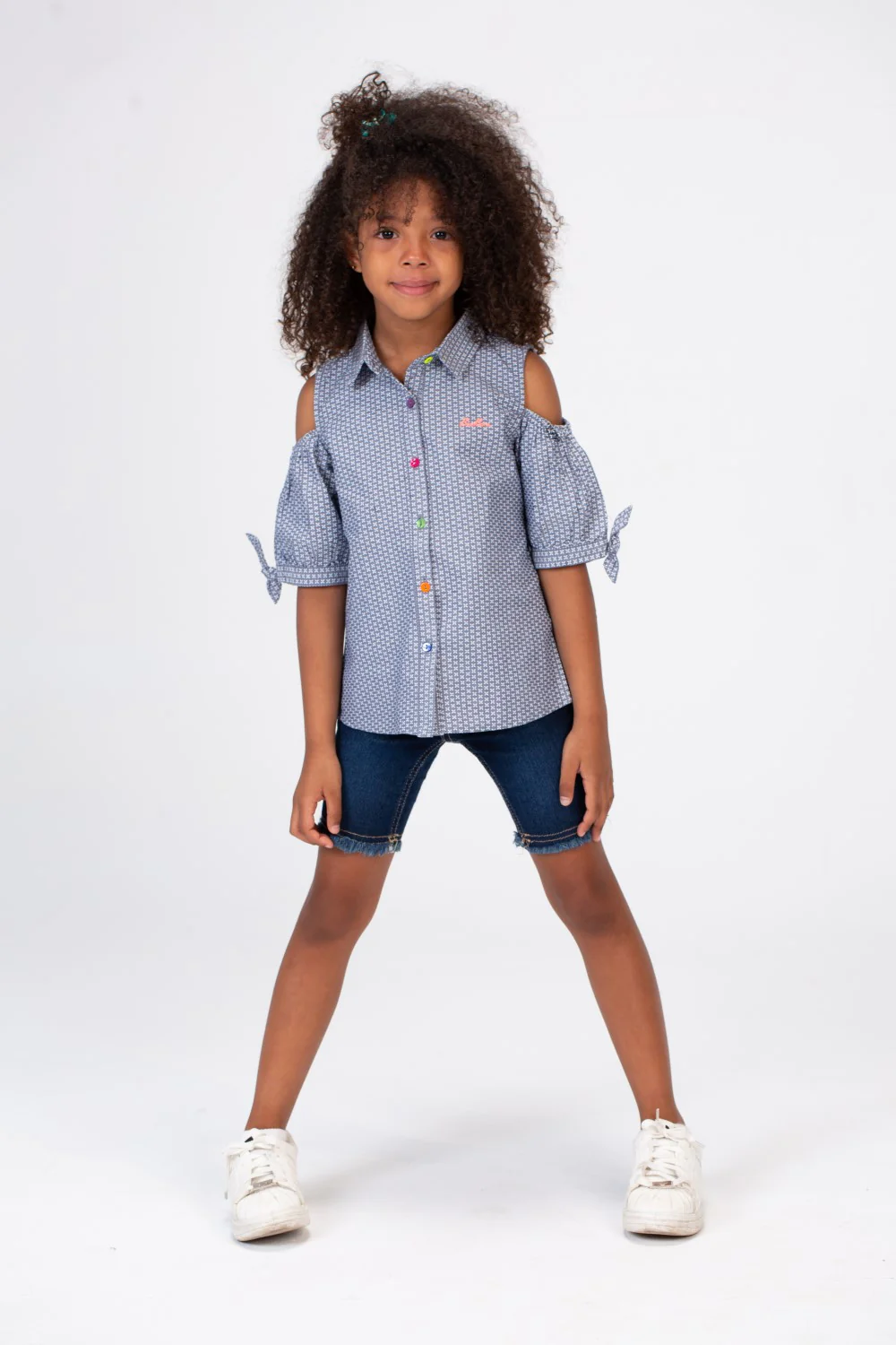 Girls Gray Jacar Off-Shoulders Blouse With Colorful Front Buttons