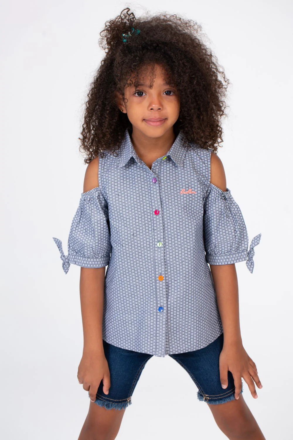 Girls Gray Jacar Off-Shoulders Blouse With Colorful Front Buttons - Image 3